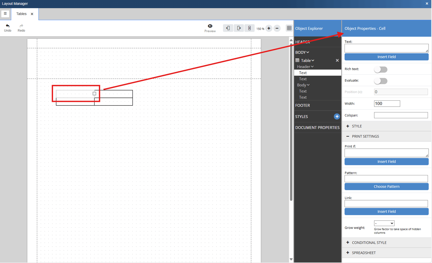 Tables in the Layout Designer